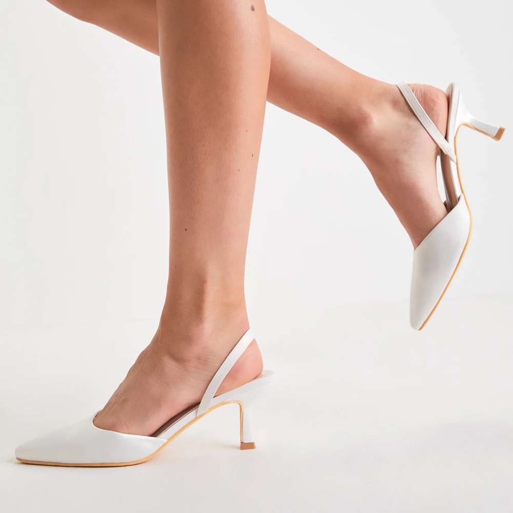 Lulu’s Leith White Satin Kitten Heel Slingback Pumps